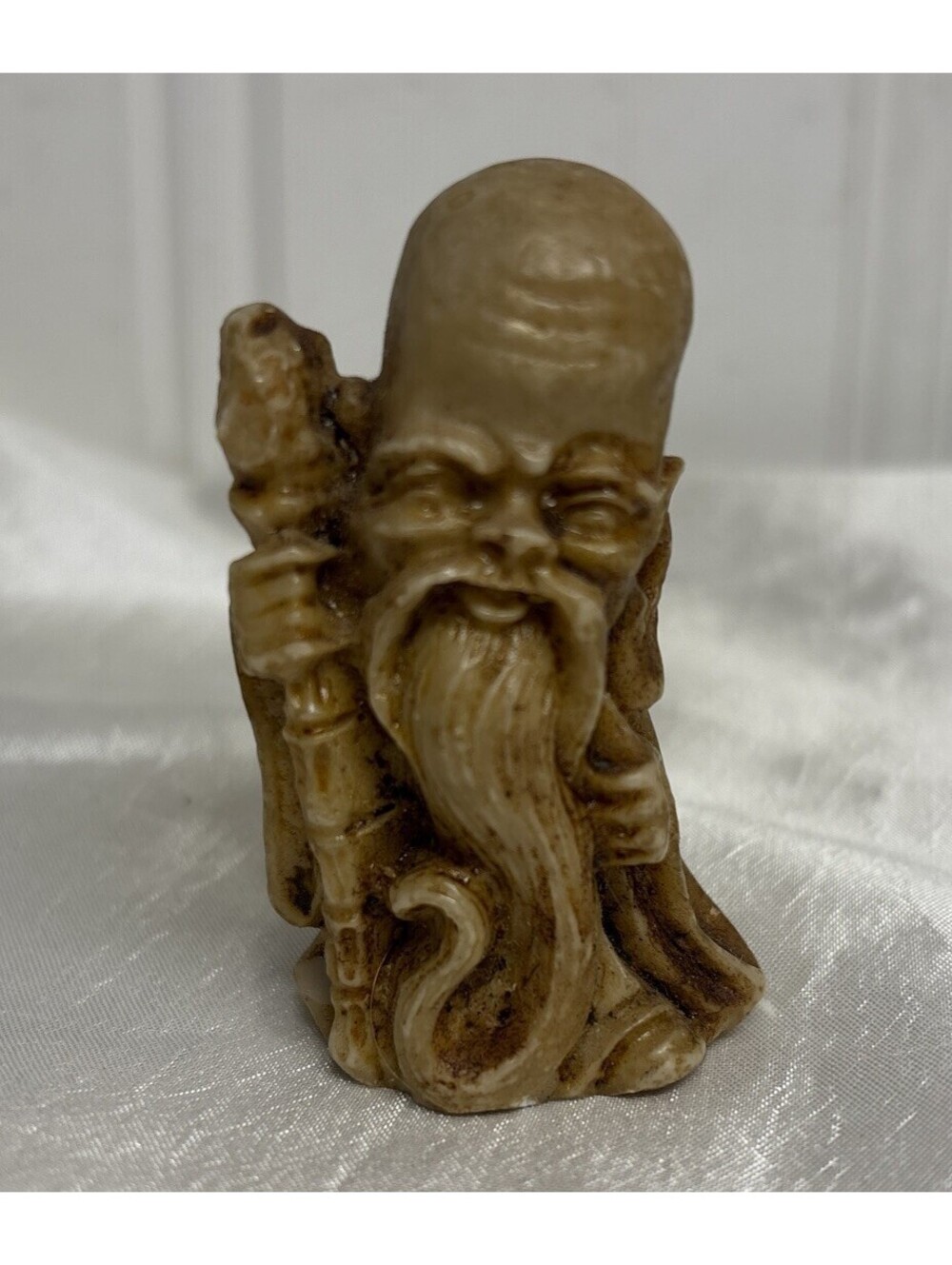 Japanese Netsuke-Style Carved Robed Elder Figure Holding Staff, Long Beard